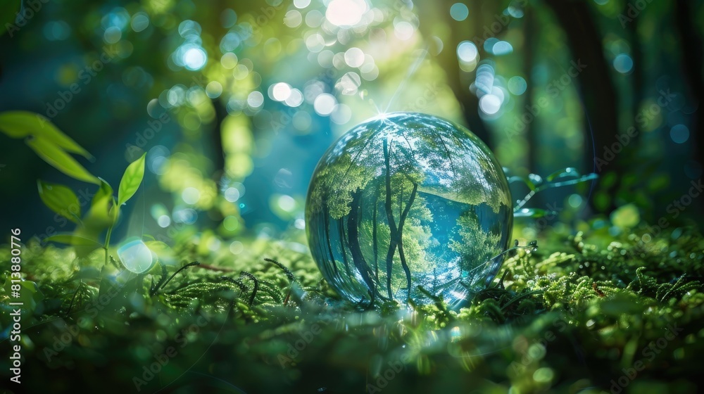 Wall mural a glass globe embraced by lush forest foliage symbolizes nature environmental protection sustainabil