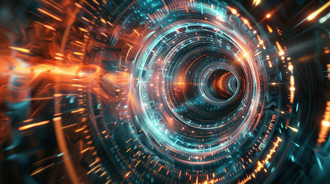 Stunning 3D rendering of a futuristic tunnel of glowing orange and blue neon lights.