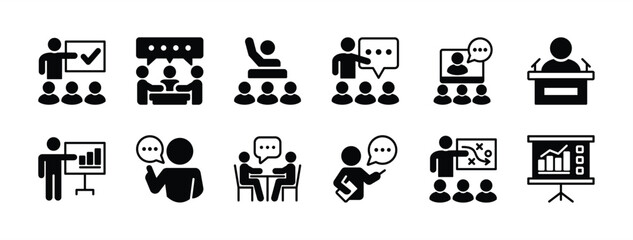 Business presentation icon set. Containing meeting, conference, seminar, briefing, communication, graph, teamwork, planning, leadership, workplace, discussion, classroom. Vector illustration