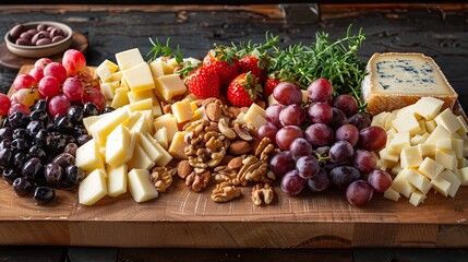 cheeses, fruits, and nuts on a wooden board.