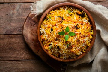Tawa Pulao/Pulav/Pilaf/Pilau is an Indian Street Food made using basmati rice, vegetables, and spices. wooden background