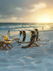 a group of penguins sit on sun loungers on the beach and enjoy their vacation, at sunset
