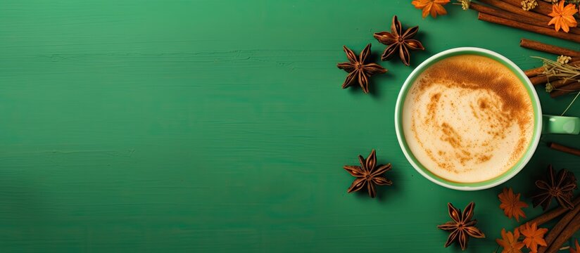 A top down view of a pumpkin latte adorned with cinnamon and anise spices set against a vibrant green backdrop This image offers copy space and serves as a food background with a toned effect