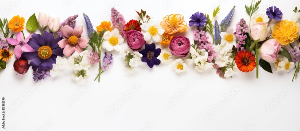 Canvas Prints a flat lay copy space image featuring a composition of flowers captured from a top view against a wh