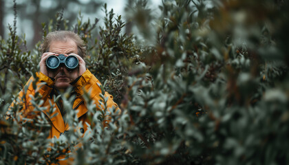 a man with a camera hides in the bushes and looks through binoculars, copy space