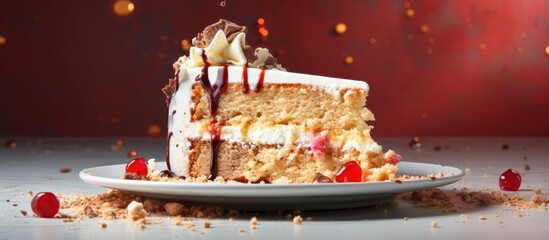 The delicious cake from the bakery on the plate was devoured leaving only a small portion remaining. Copy space image. Place for adding text and design