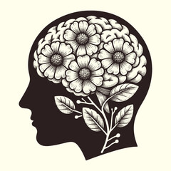 Obraz premium silhouette of a person with a brain with flowers vintage illustration