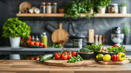 Fresh organic vegetables and herbs on a wooden table in a modern kitchen