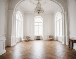 Elegant white interior with classic furniture, large mirror, and balcony doors. Bright and airy vintage room design.
