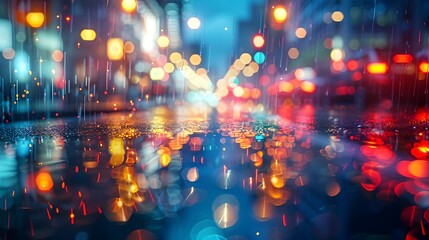 Rainy City Lights Reflections on Wet Pavement in Moody Cinematic Atmosphere with Blurred Bokeh Effect for Versatile Background Use description This