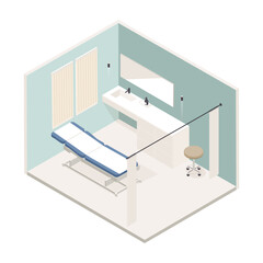 Vector isometric low poly minimalistic medical clinic interior with various furniture. Modern vector illustration. Hospital room. Doctor's office.