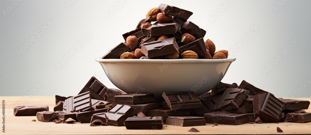 Sticker A pile of dark chocolate pieces mixed with hazelnuts showcased on a white background with ample space for further content or images