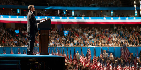 businessman standing at a podium on stage at a political convention