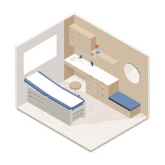 Vector isometric low poly minimalistic medical clinic interior with various furniture. Modern vector illustration. Hospital room. Doctor's office.