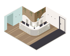 Vector isometric low poly minimalistic medical clinic interior with various furniture. Modern vector illustration. Front desk, hospital lobby, adjoining space.