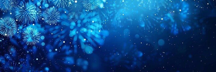 A festive banner featuring blue fireworks to celebrate New Year 2024 and the 4th of July holiday, set against a night sky backdrop. Perfect for marking national holidays and counting down to the New Y