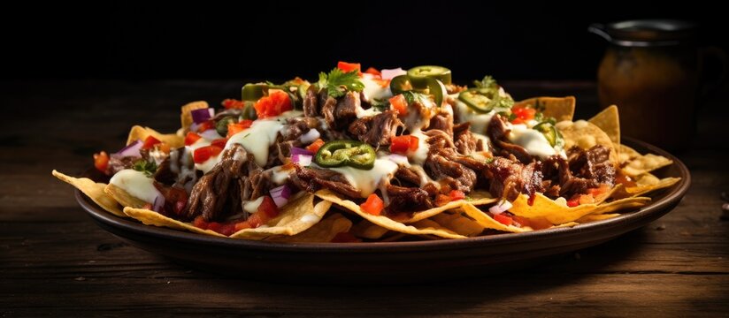 A plate of carne asada nachos with a closeup view featuring a cut off on the right side within the frame s copy space image