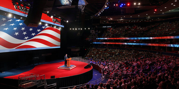 Politician giving a speech on stage at a political convention, US flag in background - Powered by Adobe