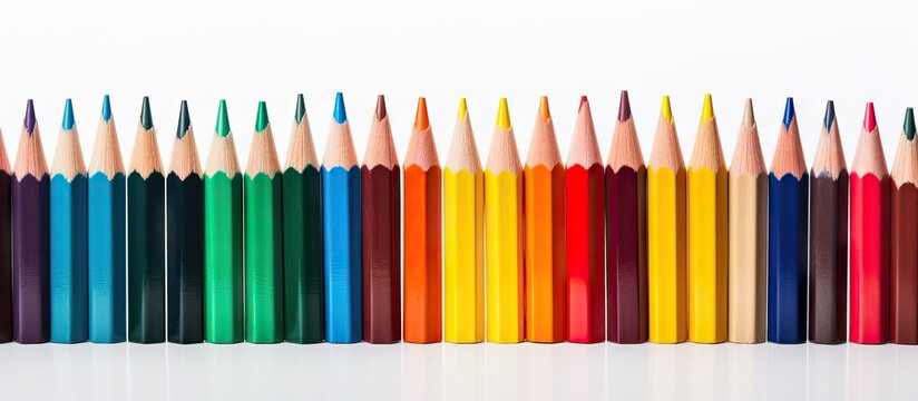 Colorful pencils and a pen are featured in the photo set against a white background The image provides copy space and relates to the concept of education