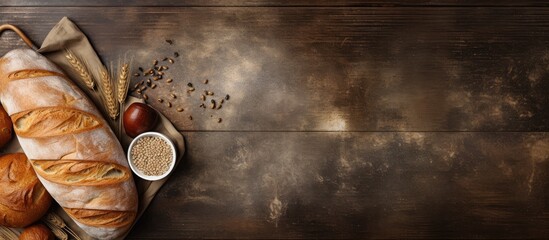 From a top down perspective a composition of kitchen accessories surrounds a bread pastry on a rustic background providing ample copy space for an image