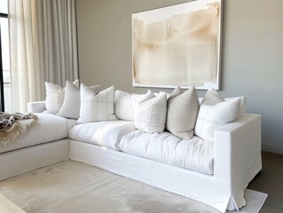 elegant living room with light interior colors, white sofa with chaise longue and sloped arms and loose cushions