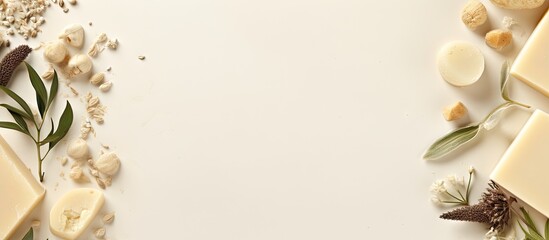 Beige background hosts a flat lay composition of natural handmade soap and accompanying ingredients providing ample copy space for text