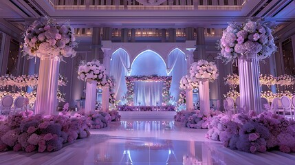 Gorgeous chapel for wedding celebration, many pretty flowers, beautiful decorations for wedding, copy space,space for text,Generous AI,結婚式のお祝いのための豪華なチャペル、多くの綺麗な花々、結婚式の美しい装飾、コピースペース,テキスト用スペース