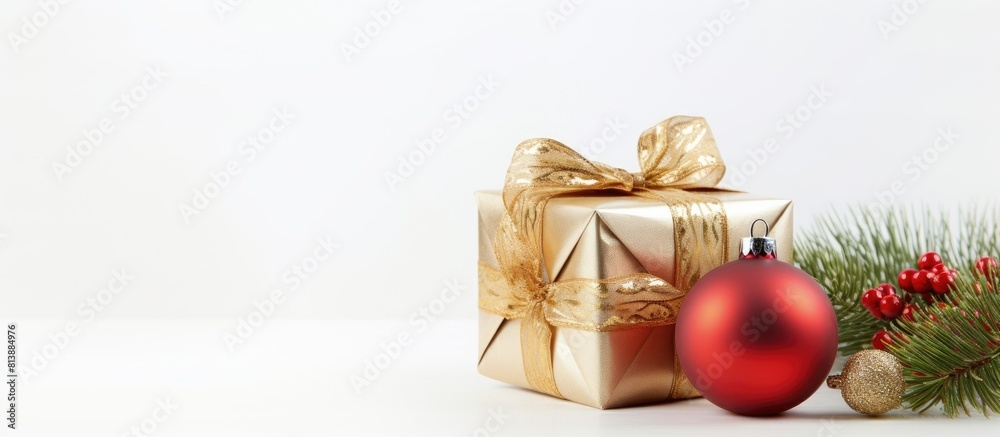 Poster Red and gold vintage Christmas bauble along with fir branches a gold bead tape and a gift box placed on a white backdrop to create a festive copy space image