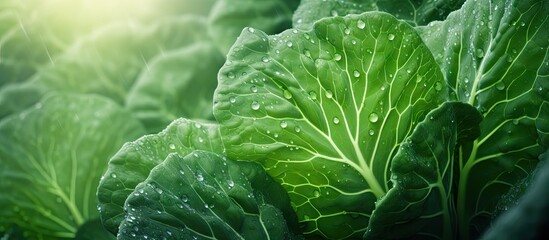 Fresh cabbage leaves in an orchard covered in water drops create a beautiful vegetarian backdrop...