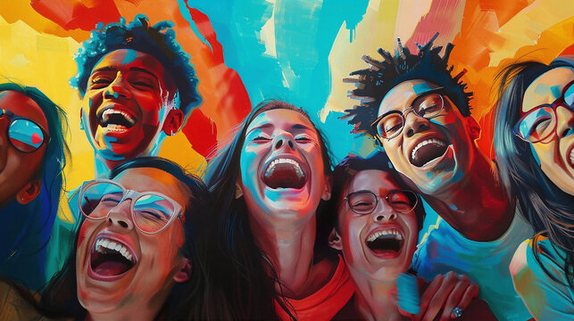 A group of diverse and joyful young people are laughing together in front of a colorful abstract background.