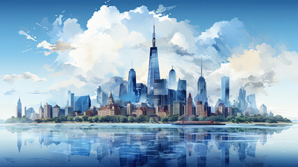 Fototapeta premium The Skyscrapers Reflect on Calm River Water Cityscape Vibrant Blue Color Oil Painting on Canvas