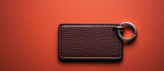 A leather keychain is displayed on a colorful background with plenty of empty space for text or other elements. Copy space image. Place for adding text and design