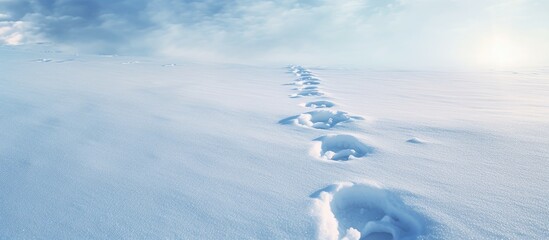 The image shows footprints in the snow with shoes visible. Copy space image. Place for adding text and design