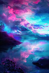 Surreal Twilight Over Mirror Lake with Vibrant Pink and Blue Skies