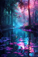 Surreal Twilight Over Mirror Lake with Vibrant Pink and Blue Skies