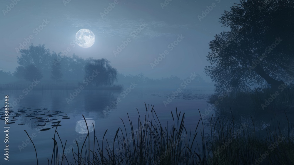 Wall mural a large moon is reflected in the water of a lake