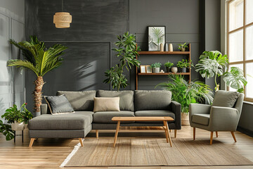 **Scandinavian living room interior with sofa and green plants in pots on the dark wall background. Home jungle concept. Greenery and urban jungle concept. Natural home decor.**
