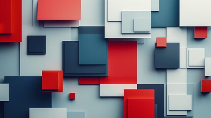 Obraz premium Red, blue, and white squares arranged on a neutral gray backdrop in a minimalist style