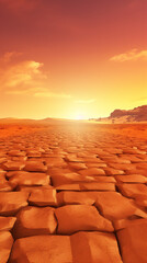 Obraz premium A cracked desert floor with a setting sun in the distance