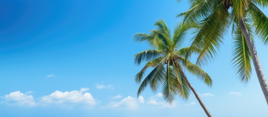 Fototapeta premium A scenic view of coconut palm trees against a backdrop of a clear blue sky creates a picturesque image with ample copy space