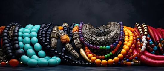 Copy space image featuring variously colored necklaces representing different orishas from the Yoruba religion