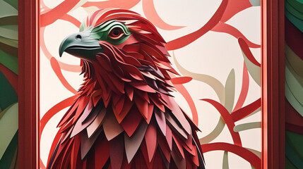 Red and green origami style illustration of a phoenix rising from the ashes with a white background and red frame.