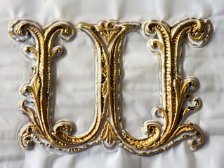 exquisite old lettering in gold relief on white background