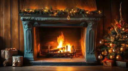 Ornate stone fireplace mantel with bright crackling fire and decorated Christmas tree beside it