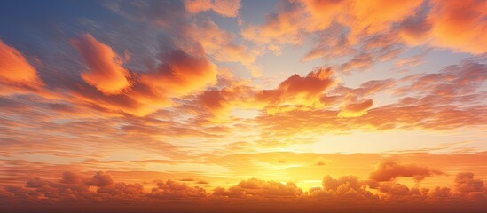 Fototapeta premium The sky at sunset displays a stunning fiery orange hue creating a captivating and vibrant image with ample copy space