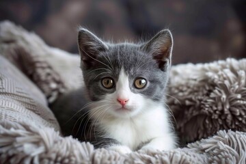 a gray and white kitten lies on a gray rug