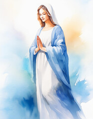 Assumption of the Blessed Mary holiday concept, watercolor art style, copyspace on a side