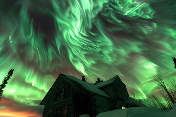 Northern lights above a snow-covered cabin