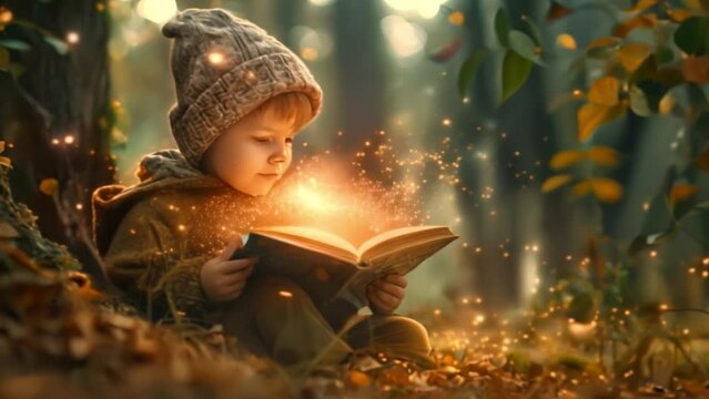 A little boy sits and reads a book under the imaginary tree. while the little boy sat and read a book A golden light rose from the magic book.