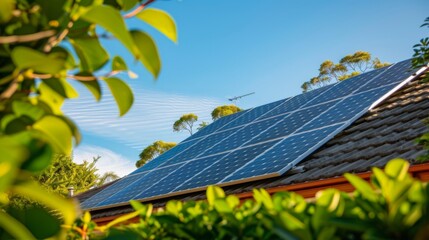 Harmony of Nature and Technology: Solar Panels in Tranquil Residential Setting. Rooftops adorned with solar panels stand as a testament to the beauty of clean energy.
